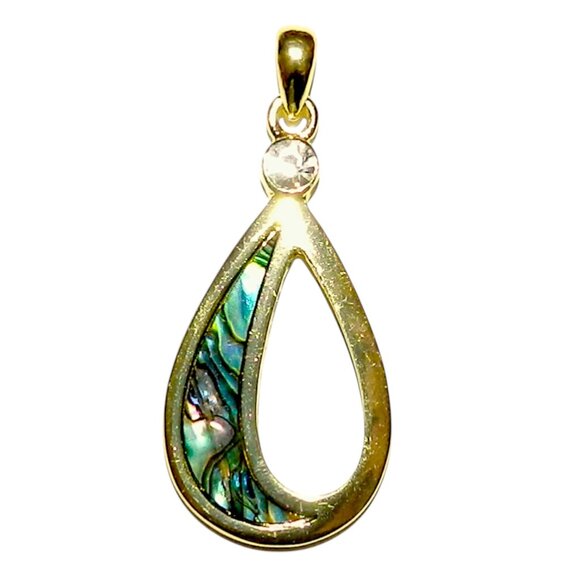 NWOT Paua Shell & Czech Crystal 38mm Teardrop Donut Gemstone Gold Pendant P1619 - Picture 1 of 1